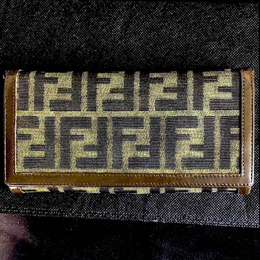 FENDI Zucca Navy Canvas and Brown Leather Snap Bifold Wallet